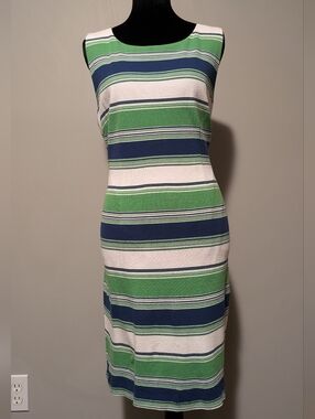 Trina Turk Green, Navy & White Striped Sleeveless Midi Dress